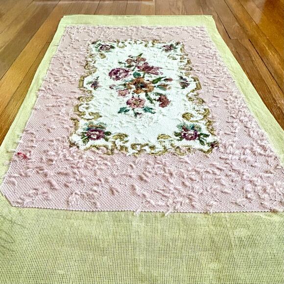 Vintage Pink Floral Needlepoint with Roses and Scroll Design Unframed - Picture 4 of 15